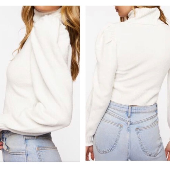 French Connection Babysoft Cropped Puff Sleeve Turtleneck Jumper Sweater White - Picture 1 of 8
